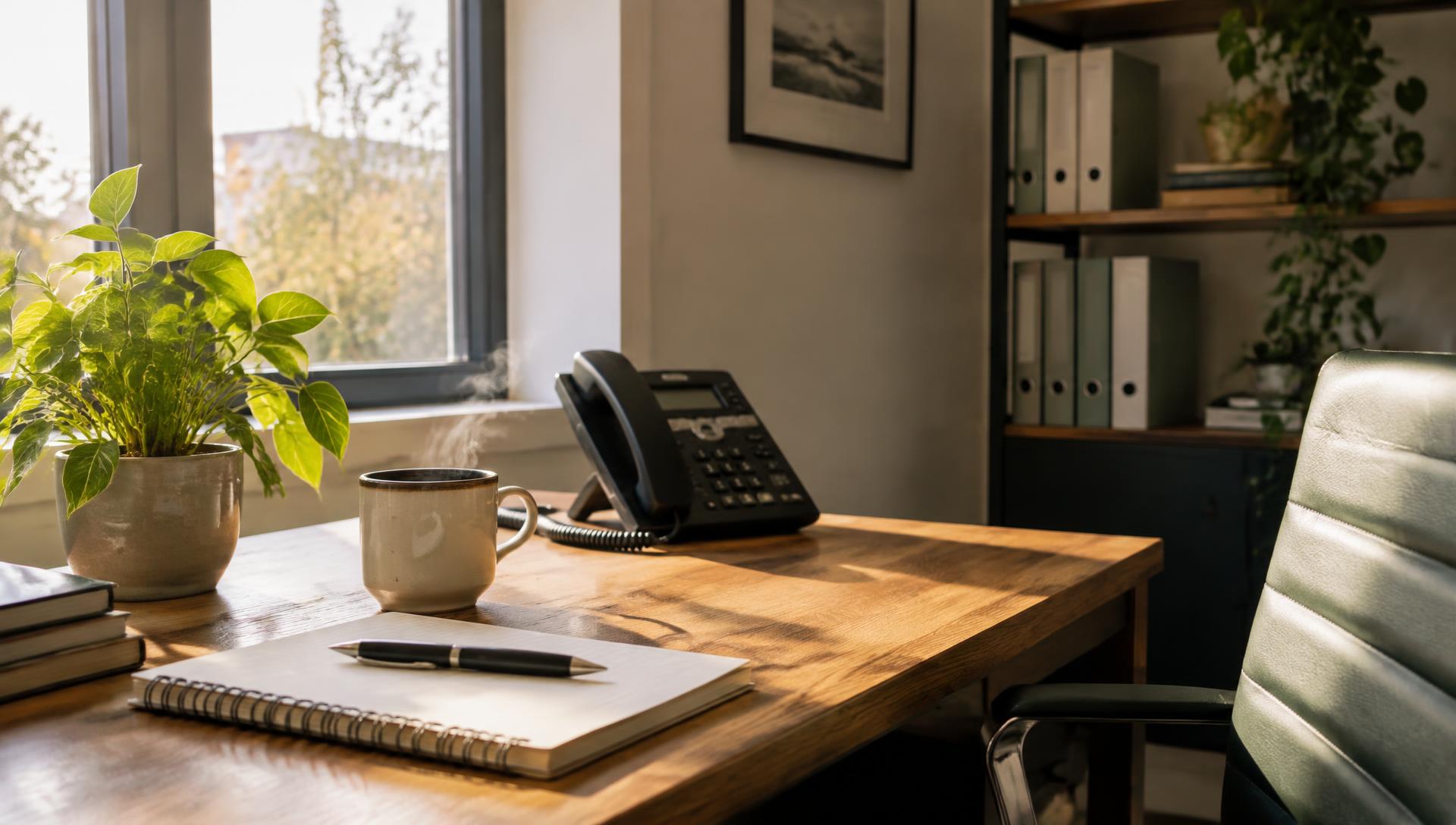 A warm office desk with a phone, notebook and a cup of tea by a sunny window
