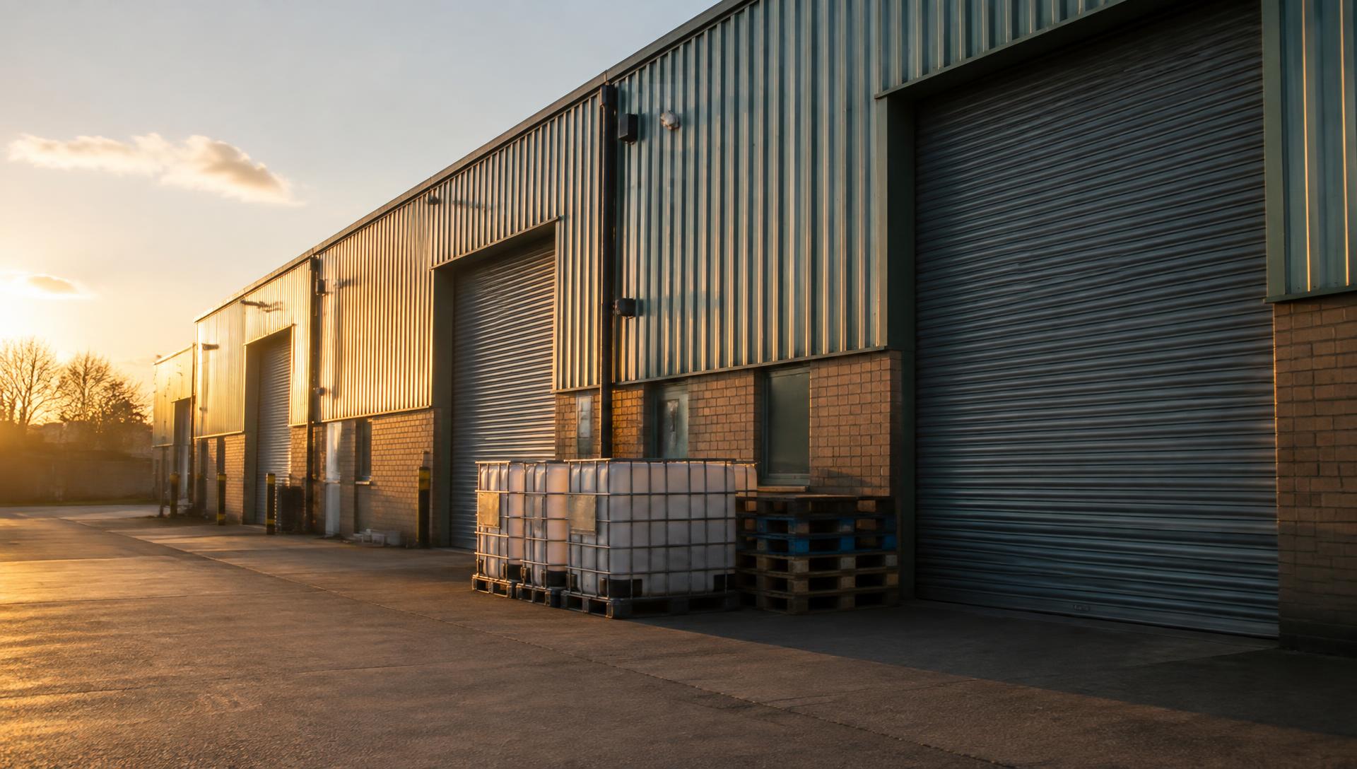 A quiet row of small business units in warm evening light, with IBC containers stored neatly outside